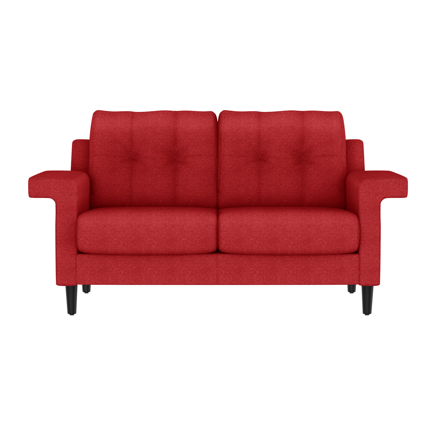 A red couch isolated like an altar in the lounge maze.