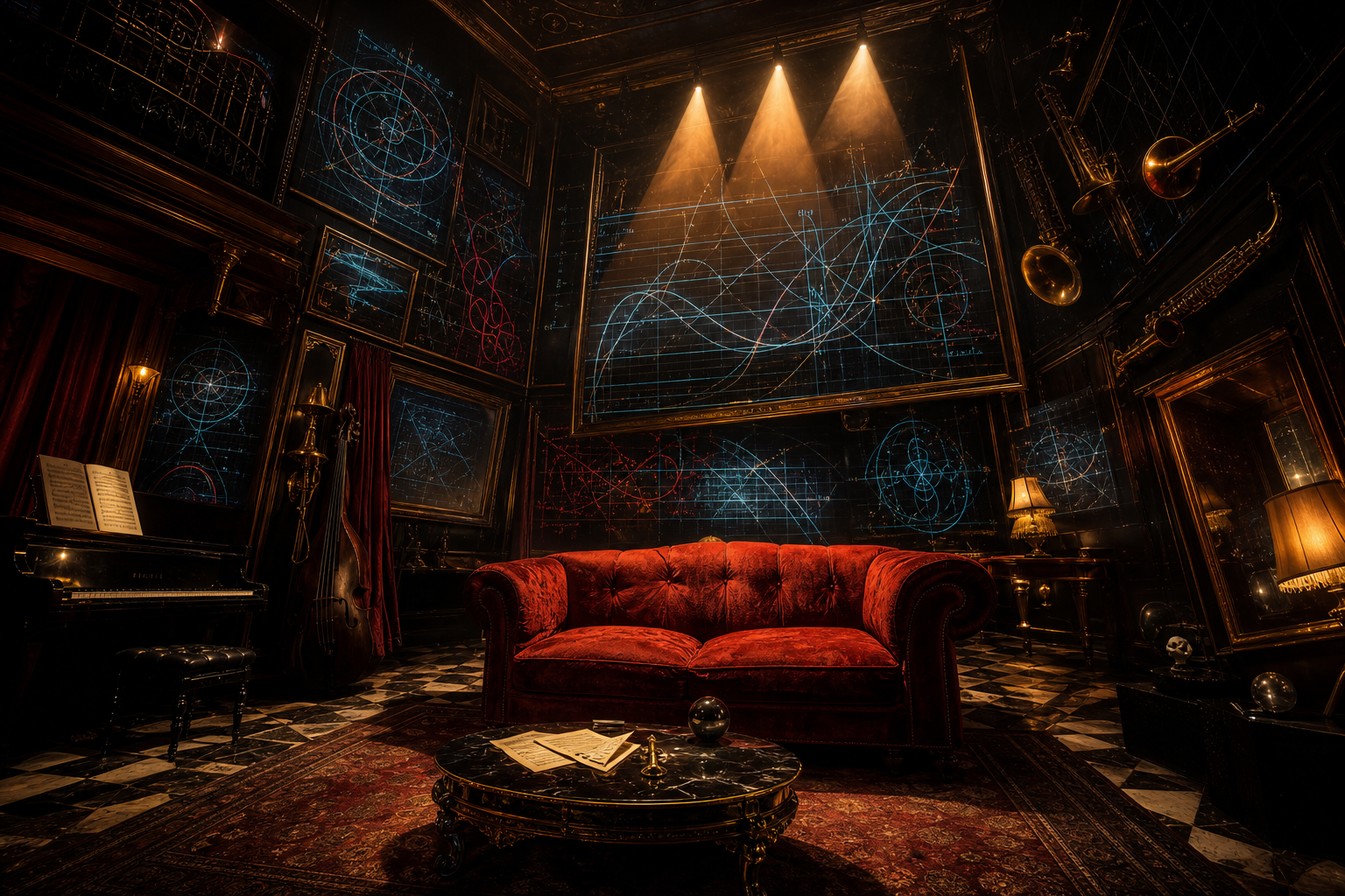 An uncanny jazz lounge with a red couch, impossible angles, and mathematical diagrams on the walls.
